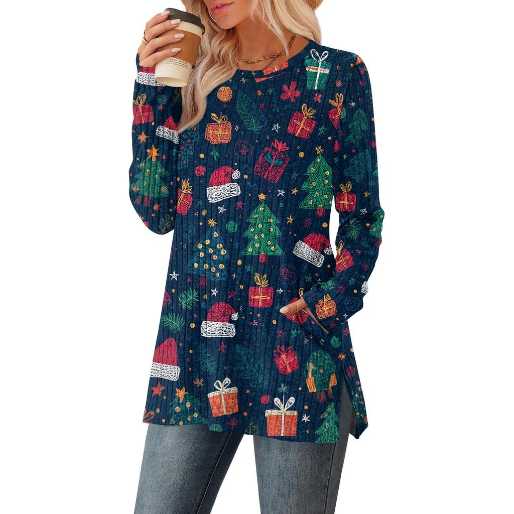 Women's Christmas Printed Round-neck Long-sleeved Top With Pockets And Side Slits