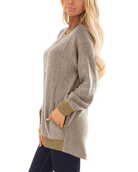Sweatshirt à col rond bloc de couleur avec poche pour femme - Manches longues T-shirt décontracté