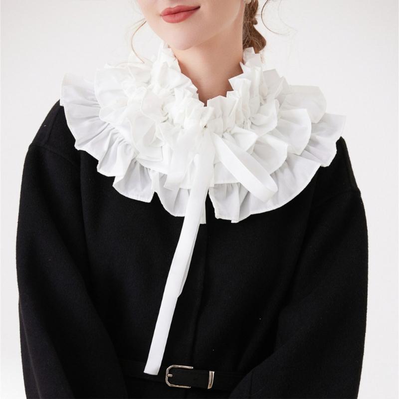Elegant Gothic Victorian Layered Ruffle False Collar Choker with Ties for Women and Girls Detachable Pleated Shawl Cape
