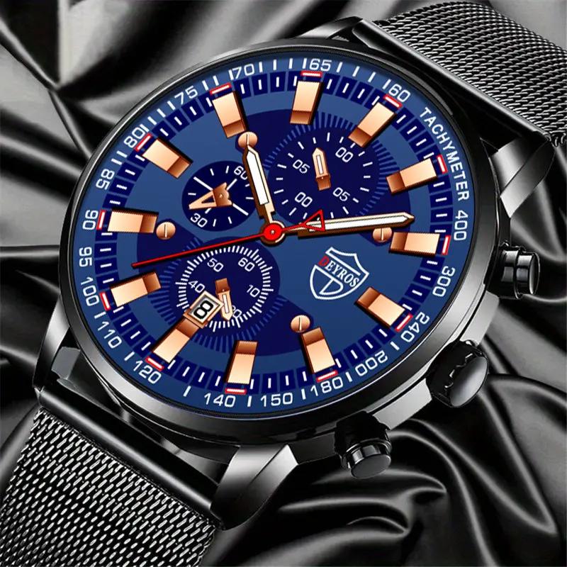 3pcs/set 1pc Fashion Men's Casual Stainless Steel Mesh Band Quartz Watch & 1pc Bracelet & 1pc Necklace