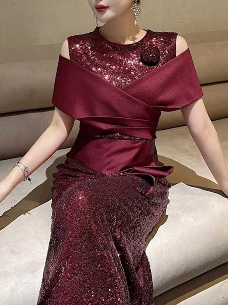 Nanyou Elegant Off-Shoulder Mermaid Sequin Evening Dress for Weddings & Banquets