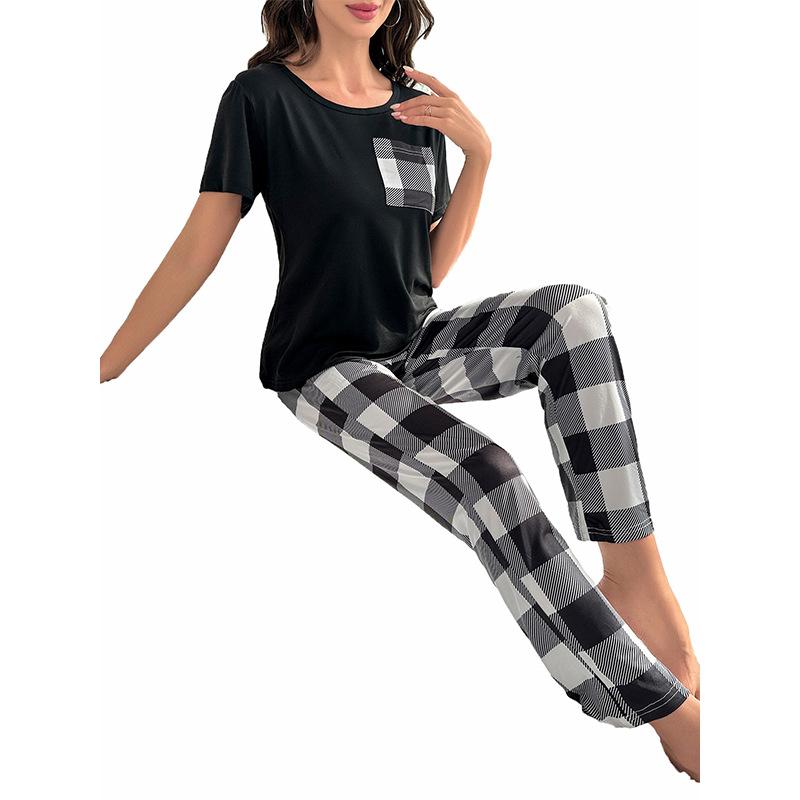 Summer Milk Silk Short-sleeved Pyjamas Women's Plaid Printed Trousers Home Wear Can Be Worn Outside The Thin Section of The Pajama Trousers
