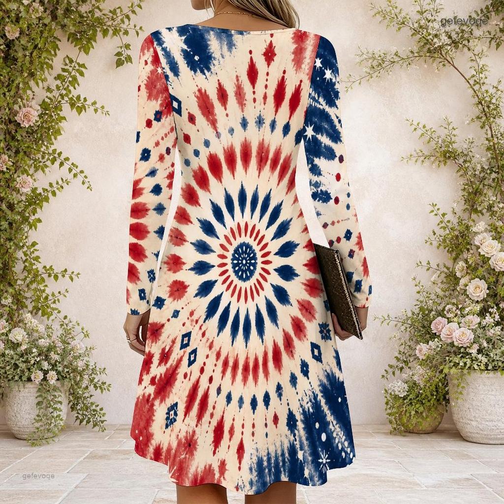 Women Criss Cross V Neck Long Sleeve Printed Navy Blue Fitted Curved Hem Dress