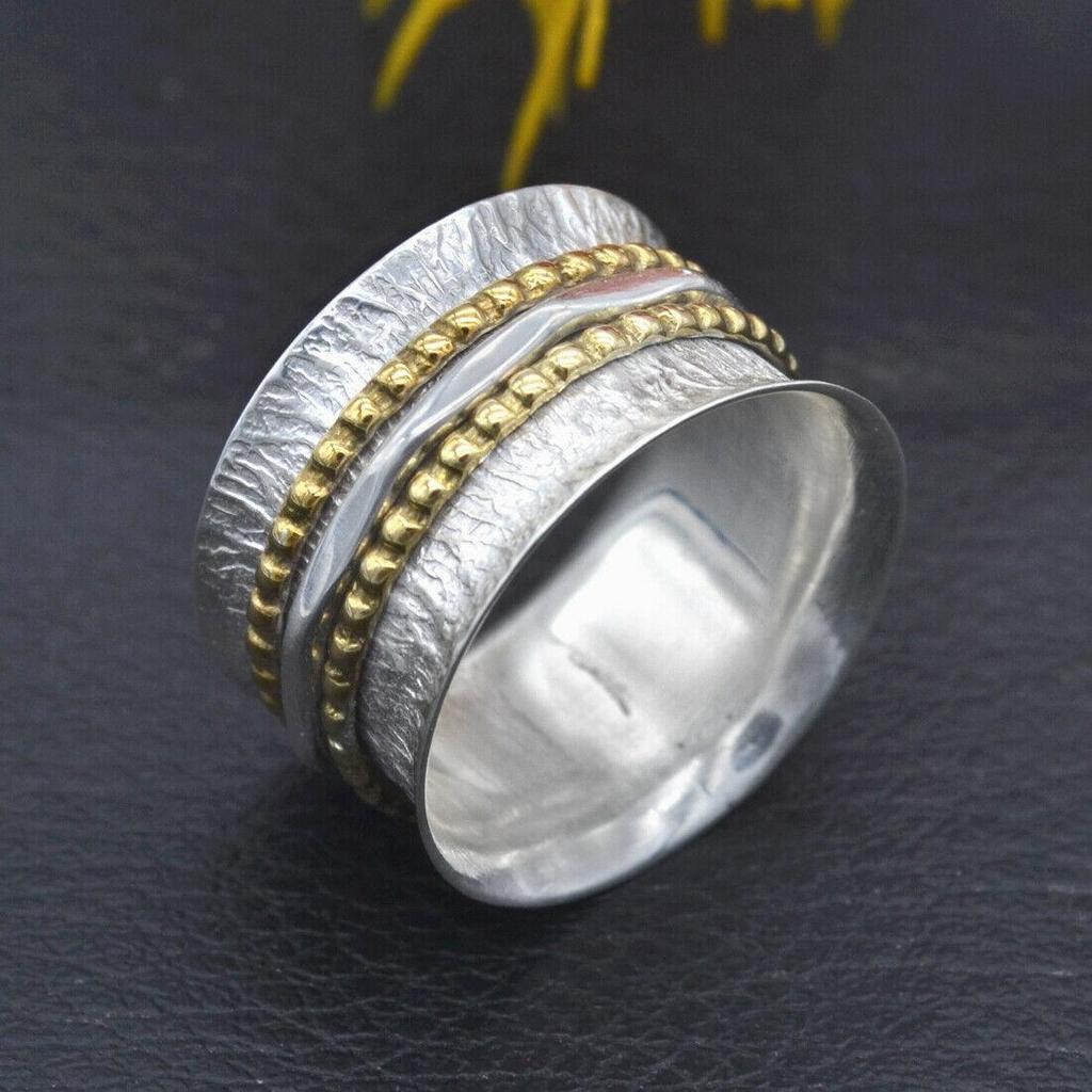 Meditation Two Tone Spinner Ring Solid 925 Sterling Silver Jewelry Statement Ring
