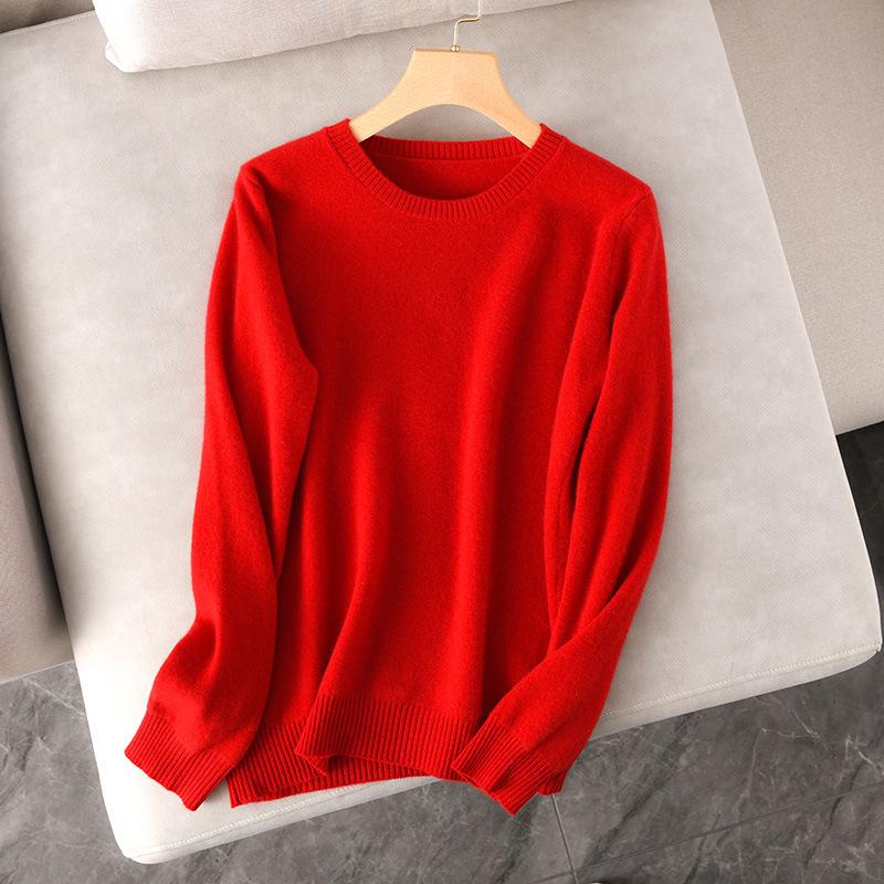 Dámský 100% vlněný pletený svetr s kulatým výstřihem a dlouhým rukávem – Jednobarevný pro podzim a zimu