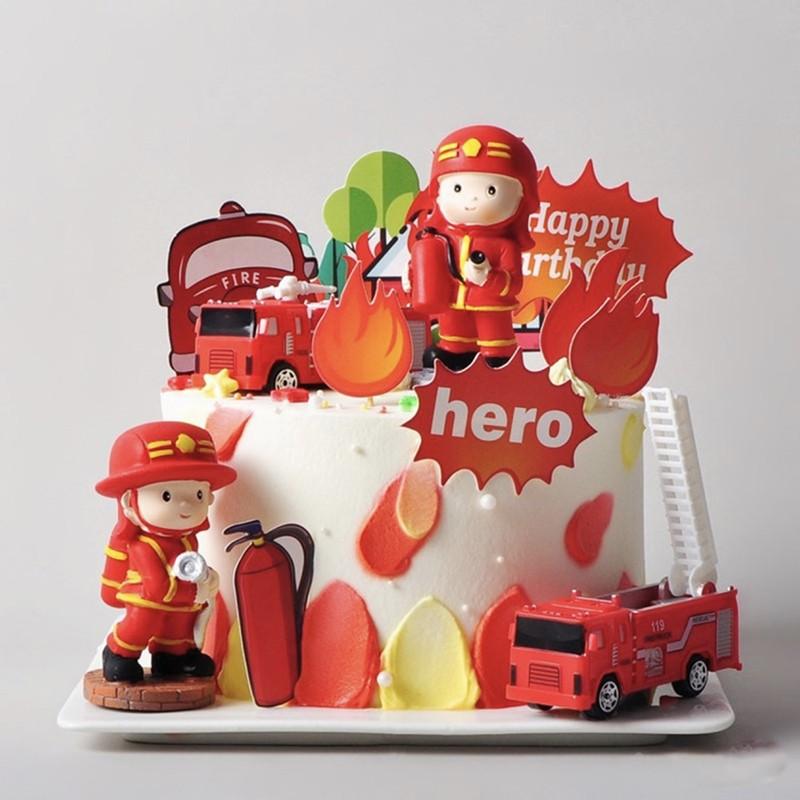 11pcs Fire Ladder Truck Water Tank Paper Cake Topper Fireman Hero Theme Kid 1st One Year Happy Birthday Cake Decoration Boy