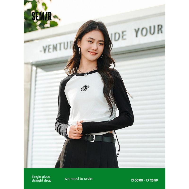

Senma Long Sleeves T-shirt Female Contrast Color round Neck Embroider Drawstring Top Stylish Spring Denim Casual Silm Pullover Trendy Cool White and black tone 00319 155/80A/S
