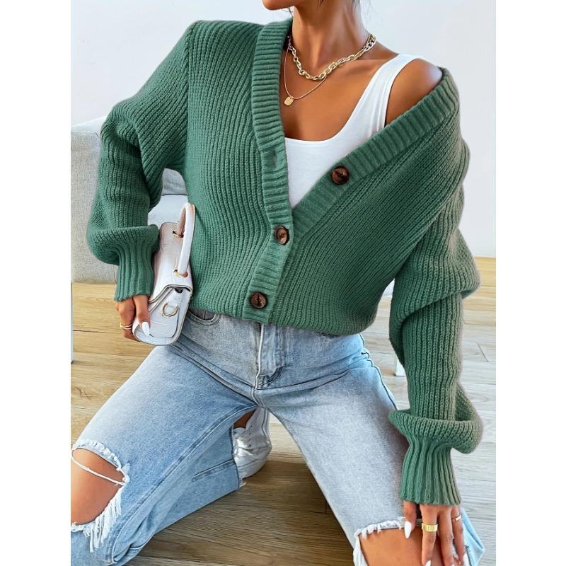 Women S Long Sleeve V Neck Knit Cardigan Solid Color Loose Casual Outerwear