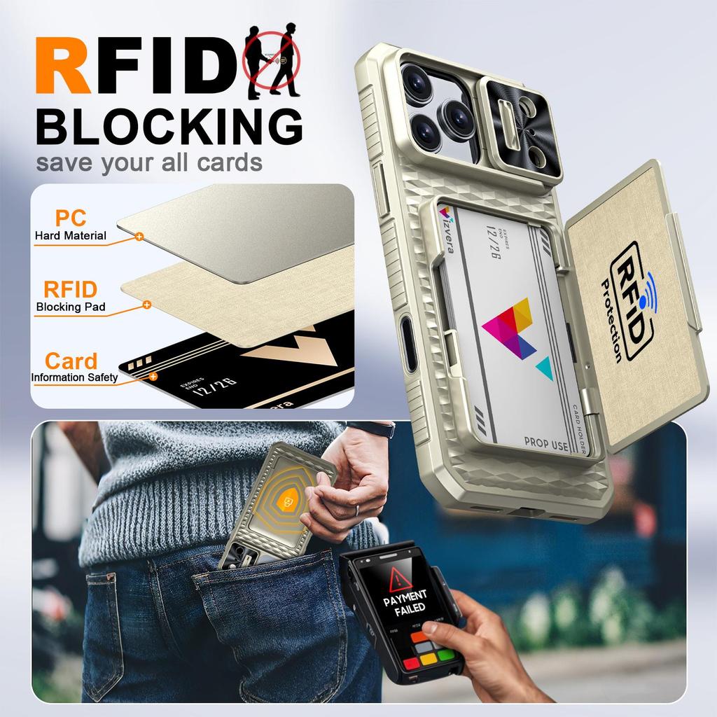 Mit Kartenhalter, Schiebefach für die Kamera und Ständer für iPhone 17 Pro Max Handyhülle, Anti-Fall PC+TPU Brieftaschenhülle - Champagner