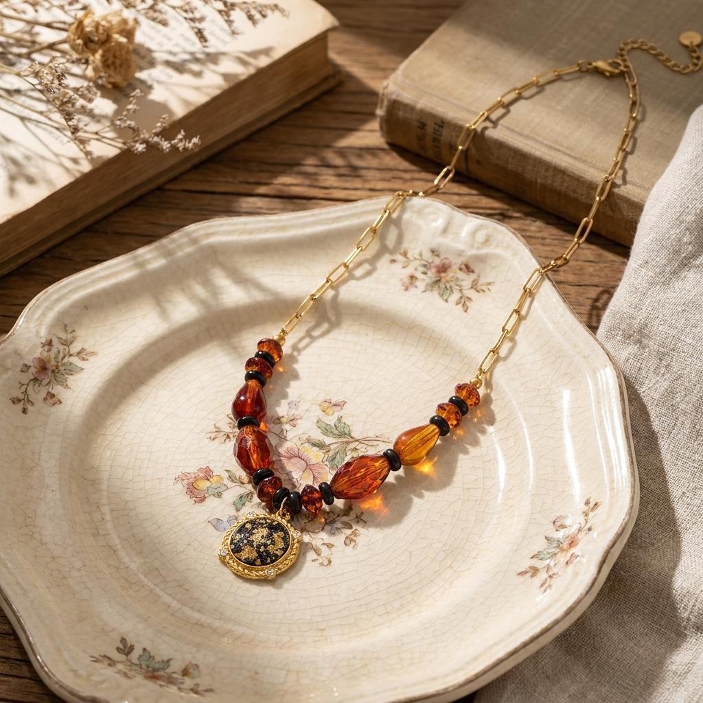 Vintage Imitation Amber Stainless Steel Clavicle Necklace for Women Classical Rhinestone Coin Pendant Chain Party Jewelry Gift