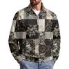 Men's Fall Winter Paneled Print Zip Neck Pullover with Stand Collar Casual Wrinkle- Athletic Top