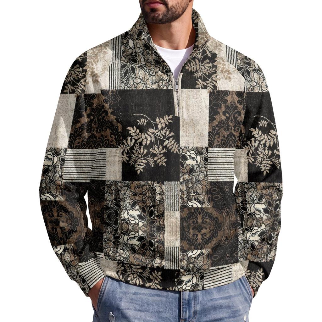 Men's Fall Winter Paneled Print Zip Neck Pullover with Stand Collar Casual Wrinkle- Athletic Top