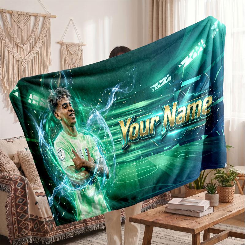 Coperta in pile personalizzata Lamine Yamal con logo del calcio, testo con nome personalizzato, morbida, calda, coperta da divano per la casa