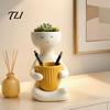 Zen Desktop Flower Pot Smiling Face Plant Pot, Double Planting Space Planter, Cute Resin Holder Sitting Figure Flowerpot for Succulents, Home