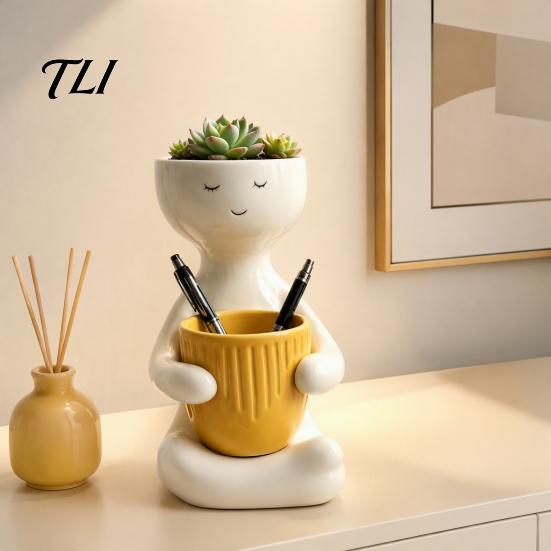 Zen Desktop Flower Pot Smiling Face Plant Pot, Double Planting Space Planter, Cute Resin Holder Sitting Figure Flowerpot for Succulents, Home