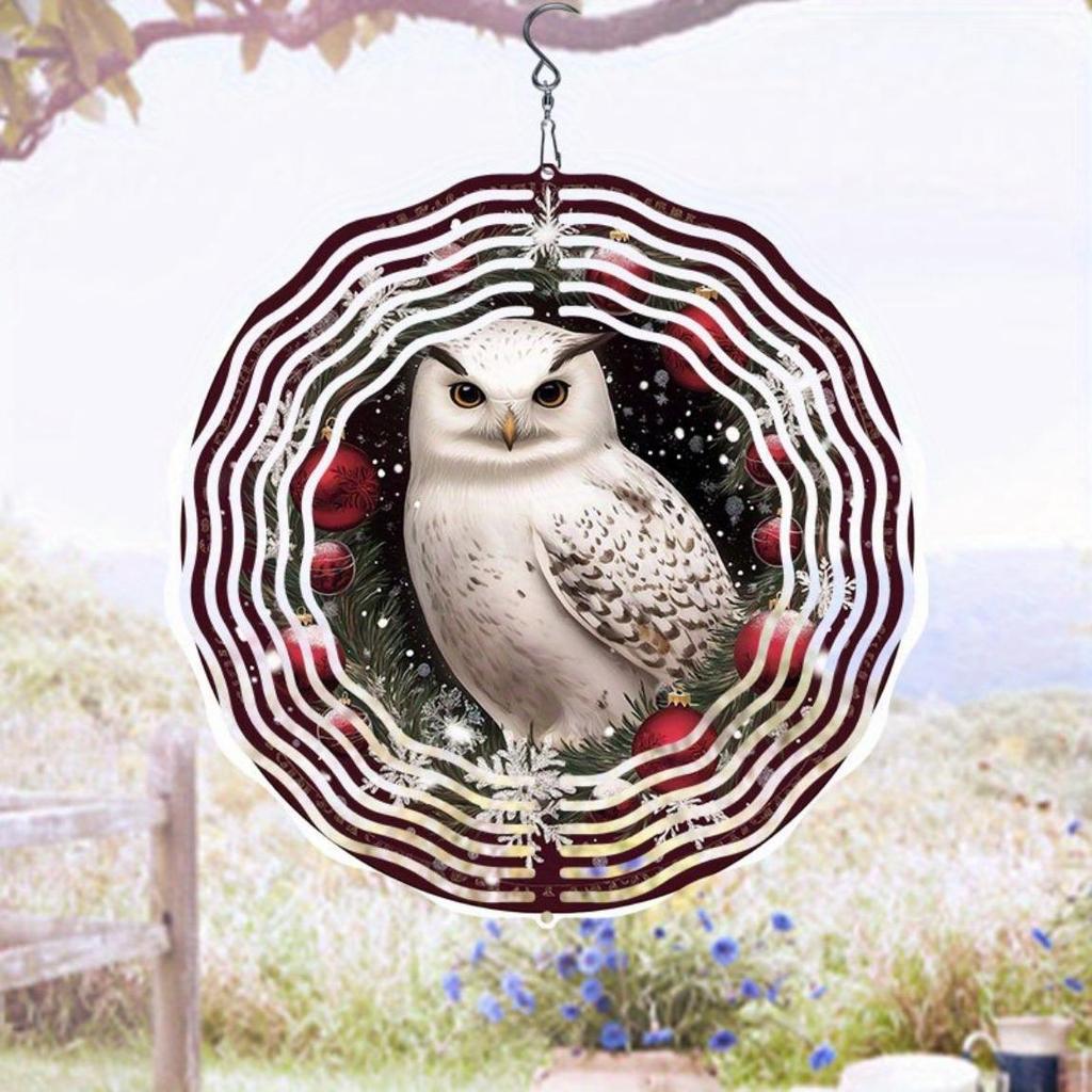 Weihnachts-Eule Windspiel Outdoor-Dekoration Hängend Drehbar Garten Terrasse Feiertagsdekoration Wetterfest 2D Dynamische Kunst mit 360-Grad-Drehhaken