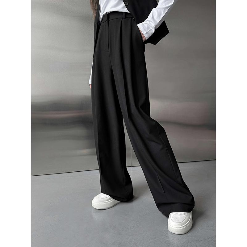 

Женские брюки-костюм с высокой талией, осенне-зимняя мода, прямые длинные брюки, офисный стиль, повседневные, на пуговицах, свободные, женские, серые L чёрный