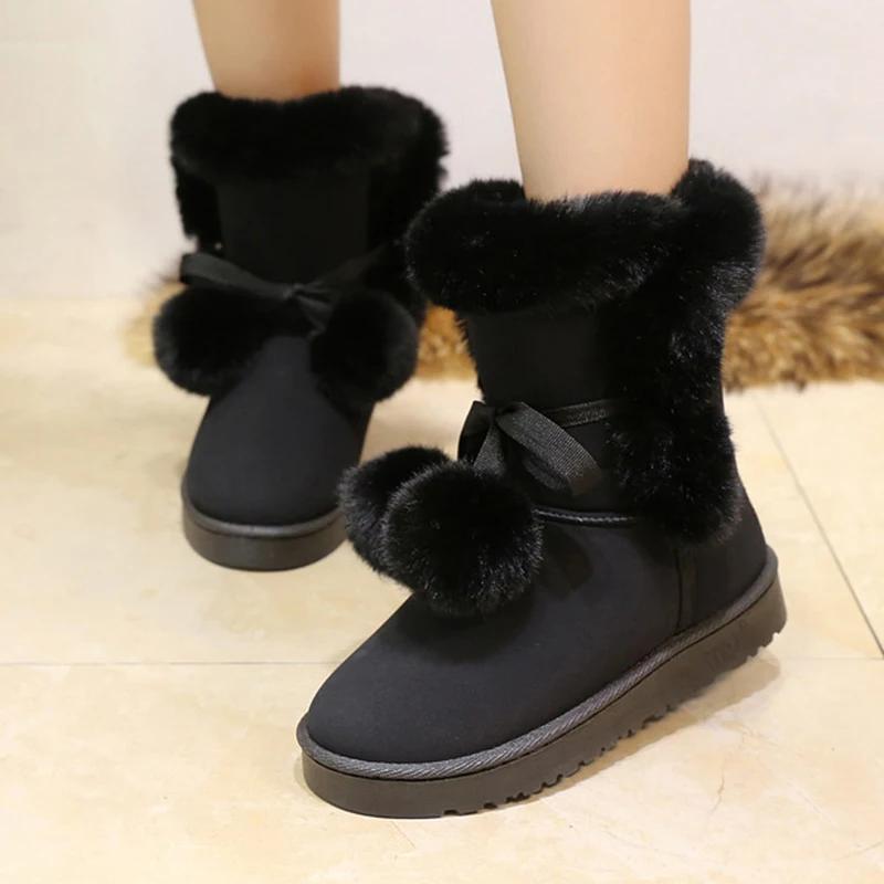 Fashion Sweet Pink Furry Non Slip Snow Boots Women 2025 Winter Warm Fluffy Fur Flats Ankle Boots Cute Pom-Pom Designer Girl's Shoes 41