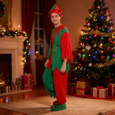 Yousheng Christmas Elf Costume Family Adults Kids Elf Outfit Red Green Color Block Elf Hat Top Pants And Belt Festive Holiday Party Attire for Dad Mom
