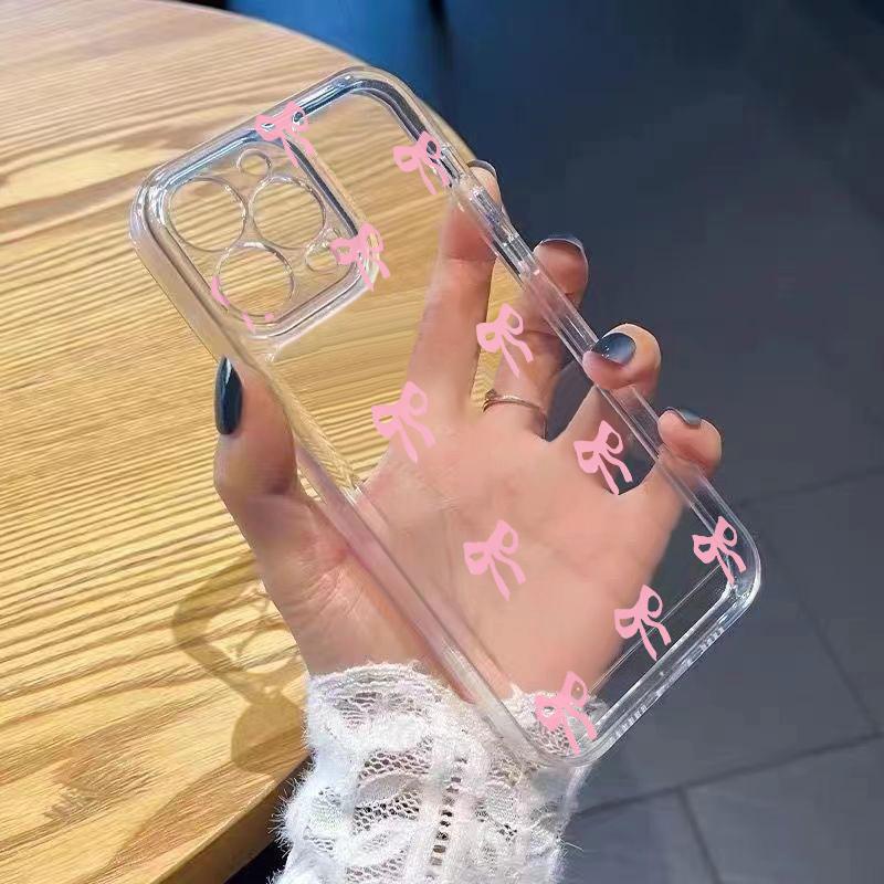 Romantic Pink Bow Phone Case for iPhone 17 Air 16 15 14 13 12 11 Pro Max Plus Mini 8 7 Soft Transparent Cover Fundas Accessory