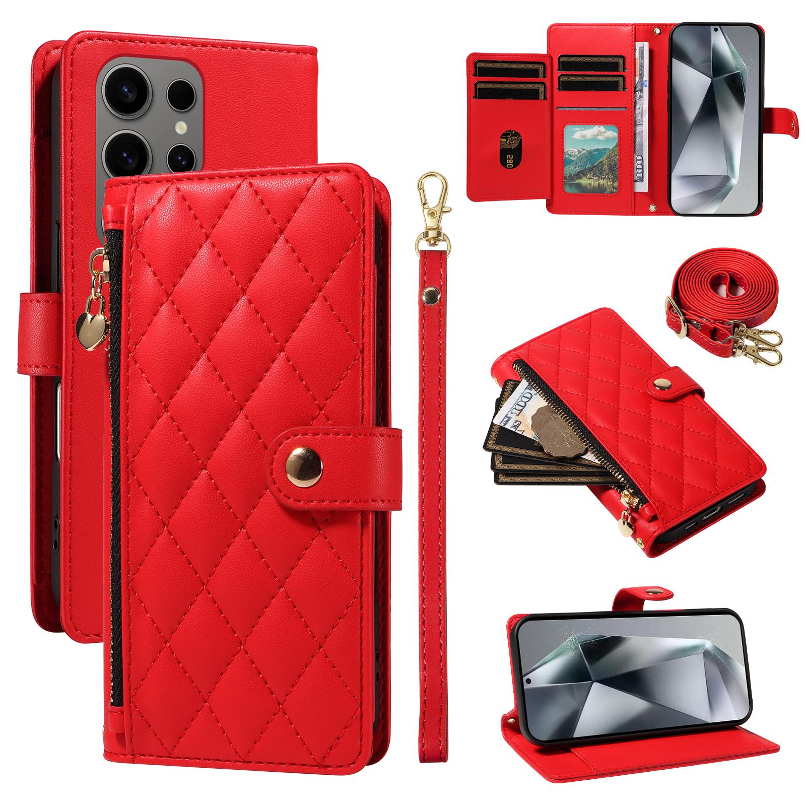 

Для Samsung Galaxy S24 Ultra Чехол-кошелек с ремешками, Ромбовидный кожаный чехол-подставка для телефона Red