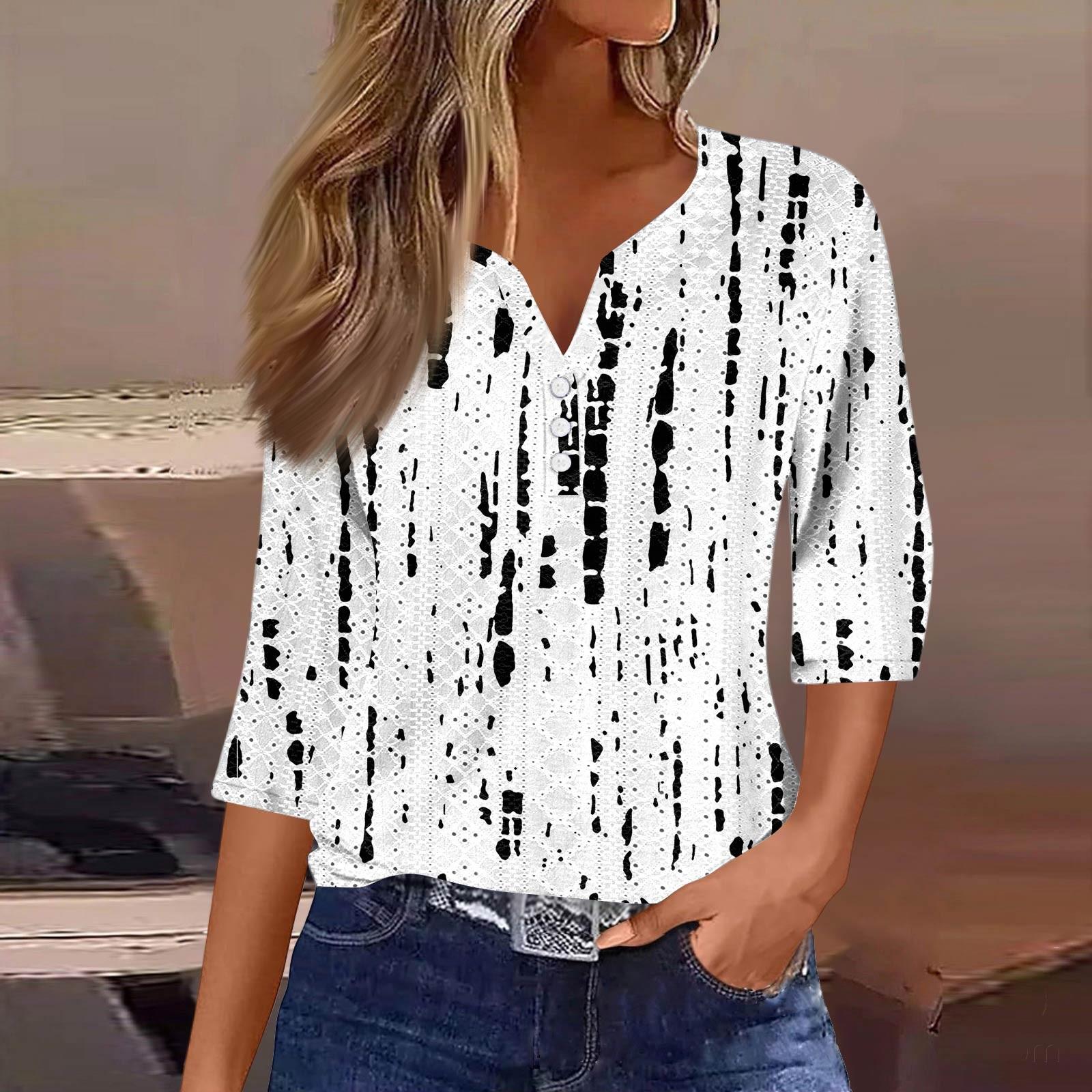 

Женская модная футболка с V-образным вырезом, пуговицами, рукавами семь, повседневная полосатая клетчатая футболка с принтом L белый