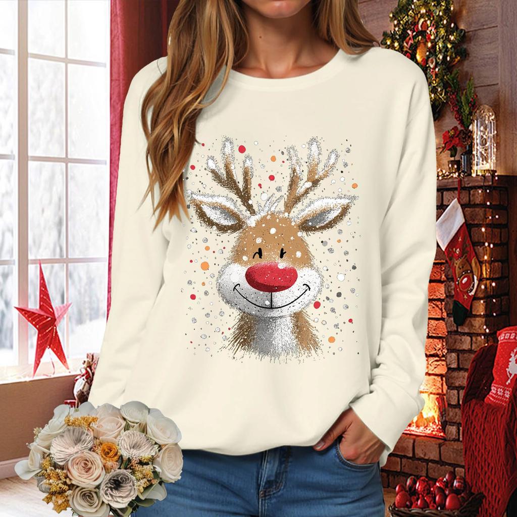 Women's Fashionable Casual Long-Sleeved Loose-Fit Christmas Print Round-Neck Pullover Sweatshirt
