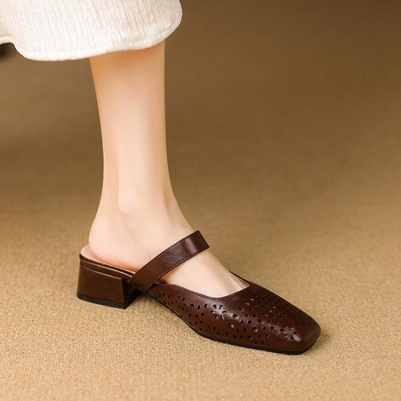Summer Women's Bag Head Slippers Casual New Mid-heel Soft-soled Slippers Women's Solid Color One-pedal Size Cool Slippers