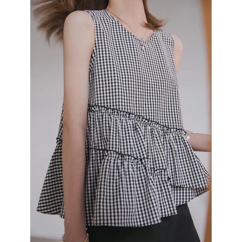 Women's Black and White Gingham Sleeveless Blouse Asymmetric Ruffle Hem Casual Top