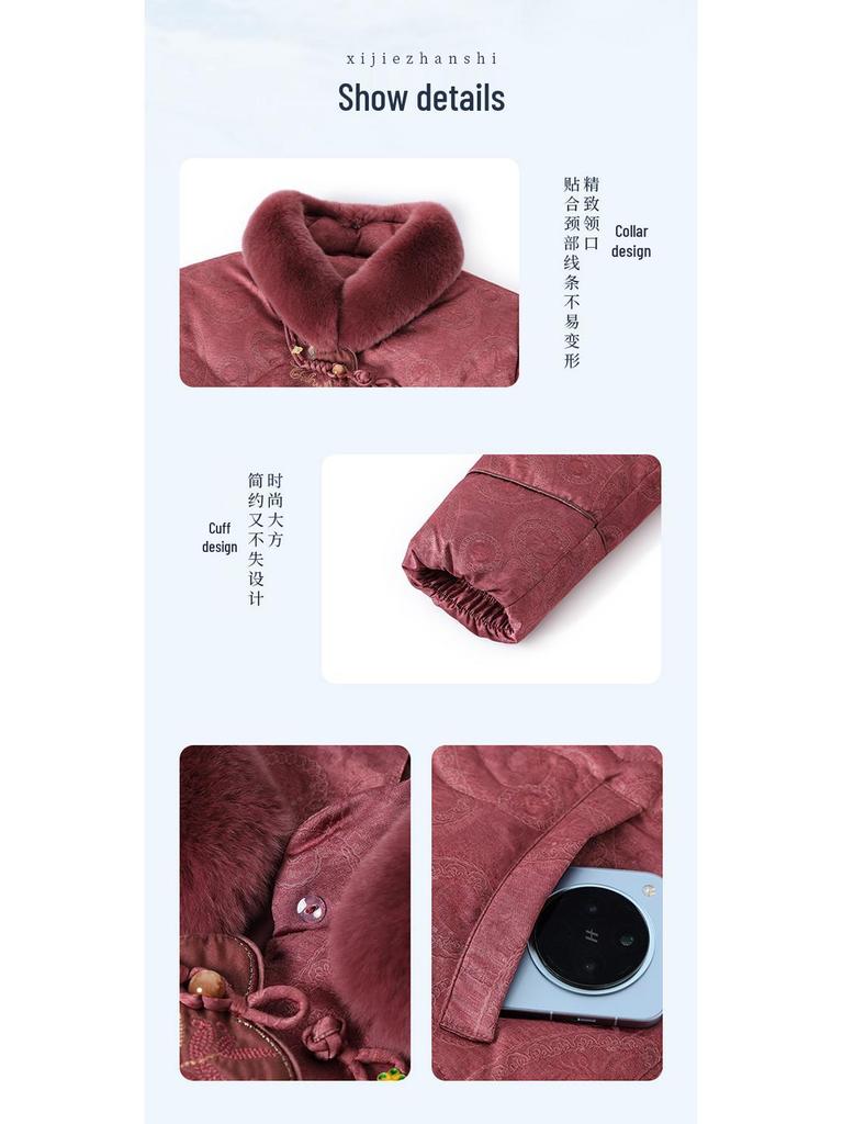 Elderly Women's Rabbit Fur Collar Tang Suit Winter Down Jacket