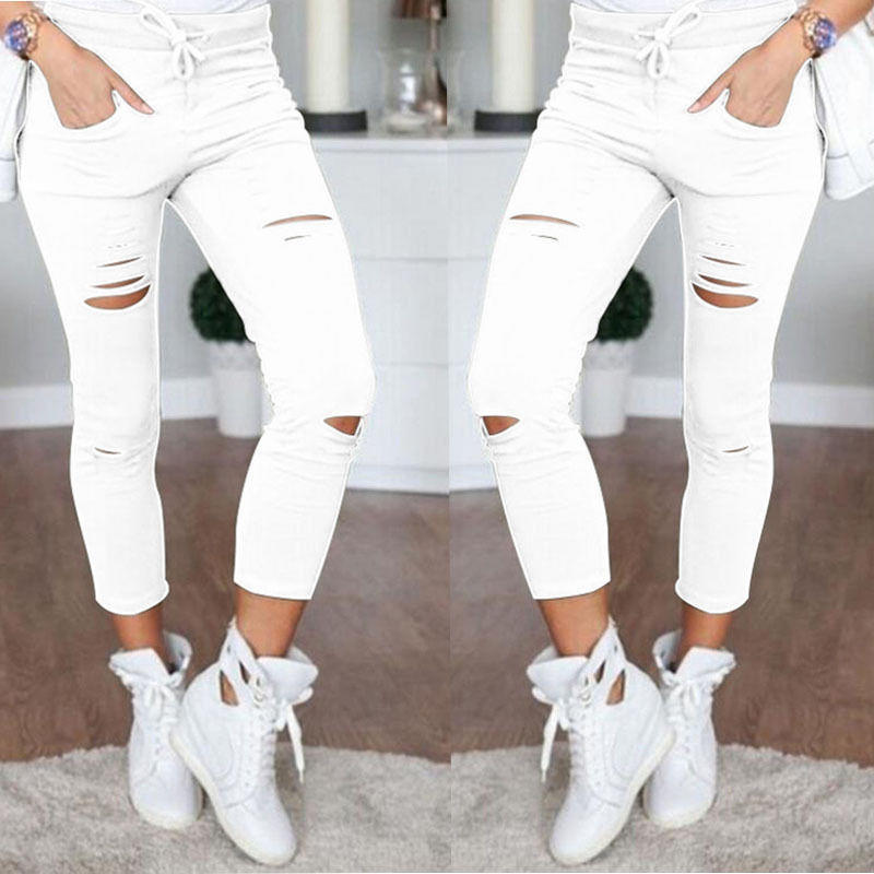Dámské Skinny Džíny s Dírami Ležérní Strečové Slim Tužkové Legíny