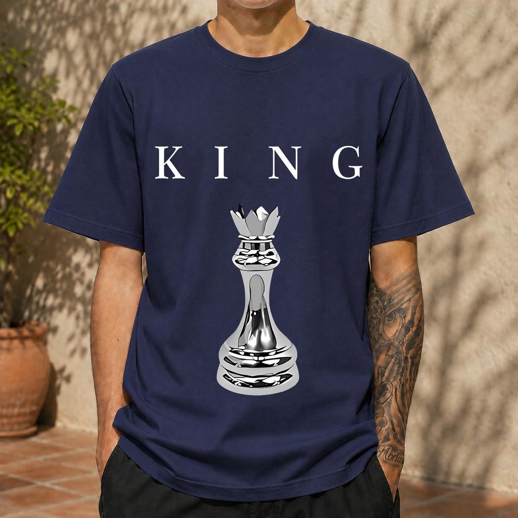 2026 New Pure Cotton Tshirt With Vintage 3d Metallic King Chess Piece Print Crew Neck Casual Short Sleeves