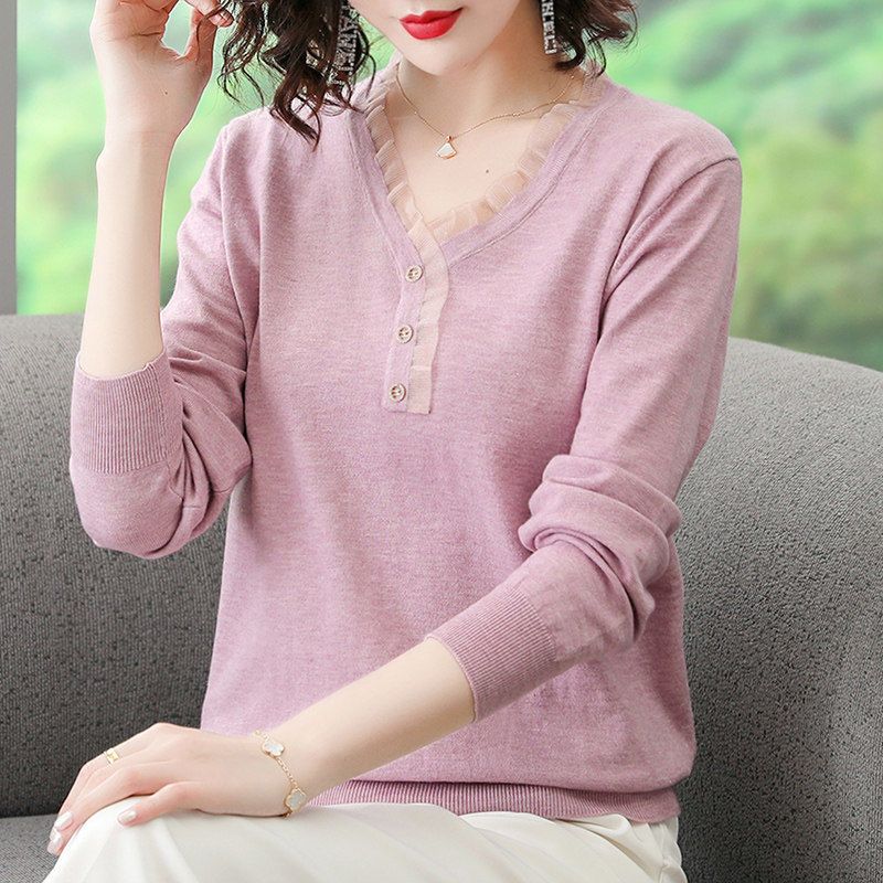 Women's Solid Fashion Lace Spliced T-shirt Spring Autumn Casual Elegant Long Sleeve V-Neck Female Knitted Thin Tops
