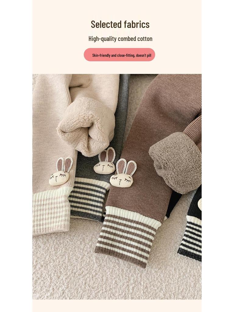 Girls' Velvet-Lined Fleece Leggings - Medium-Thick, Striped Rabbit Design for Winter