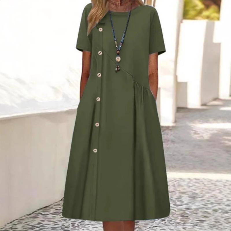 New Casual Button Pocket Mid Length Dress
