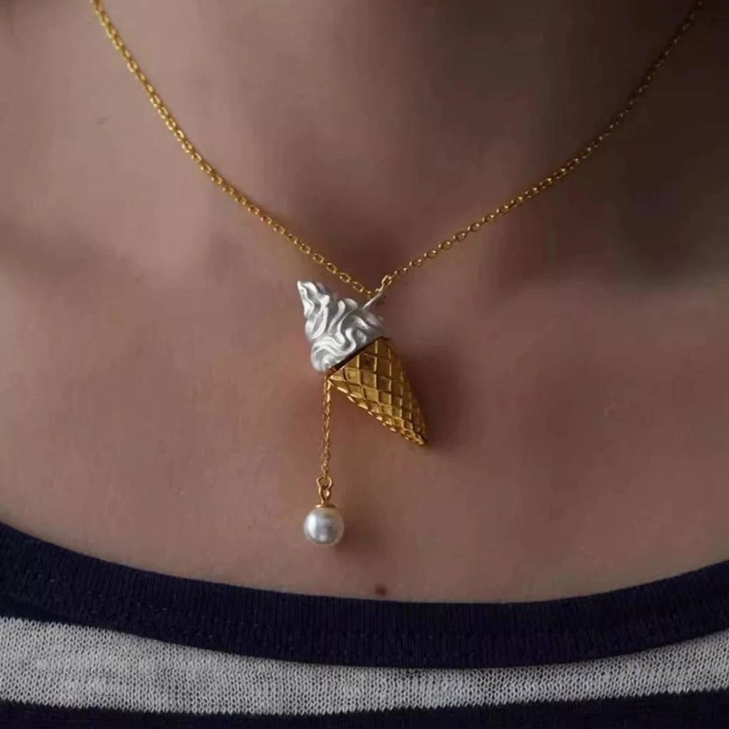 Cone Ice Cream Necklace, Fresh And Sweet Versatile Pearl Necklace, Simple Collarbone, Daily Matching For Women