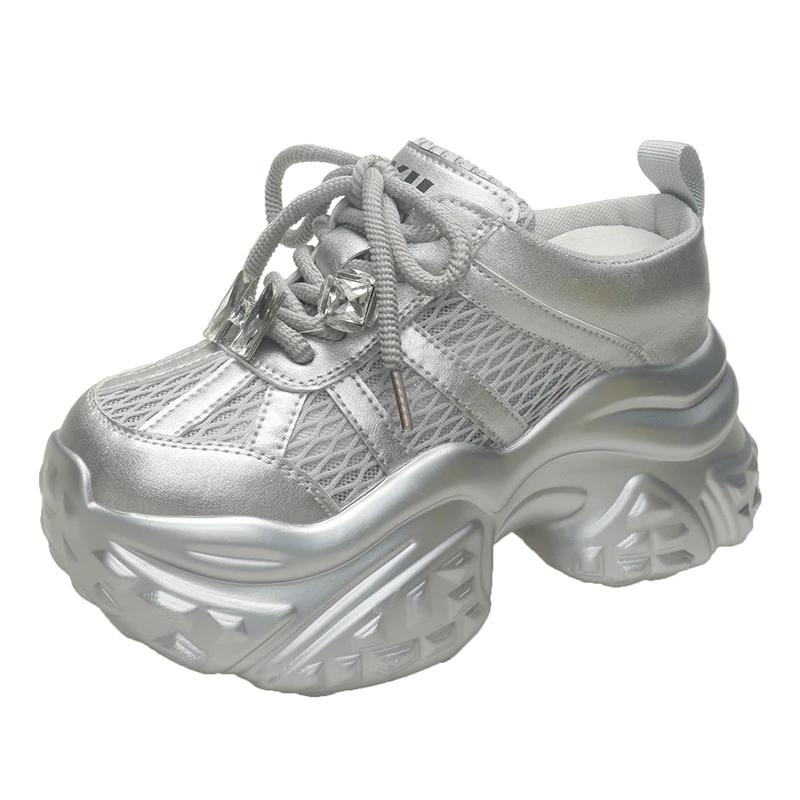 

Fashion 9CM Women s Thick Bottom Slip-On Slippers Air Mesh Synthetic Leather Sandals Summer Platform Wedge Flats Breathable Hollow Shoes 34 серебряный