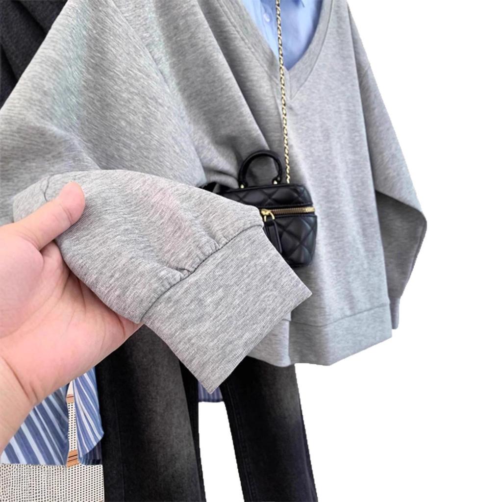 2025 Early Autumn Korean Style Grey Two-Piece Hoodie Jacket for Women, Loose Fit with Polo Collar