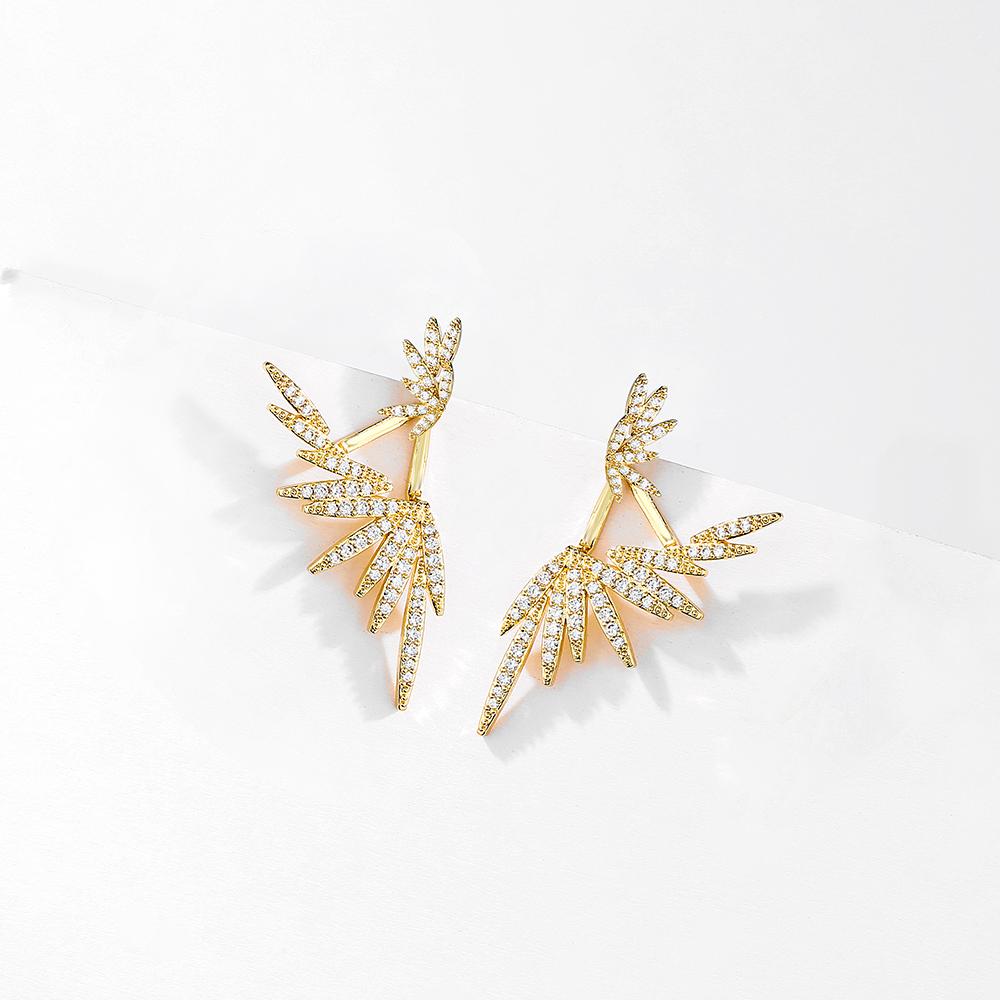Elegant Cubic Zirconia Feather Earrings White Gold Color Crystal Zircon Statement Stud Earring Luxury Wedding Zircon