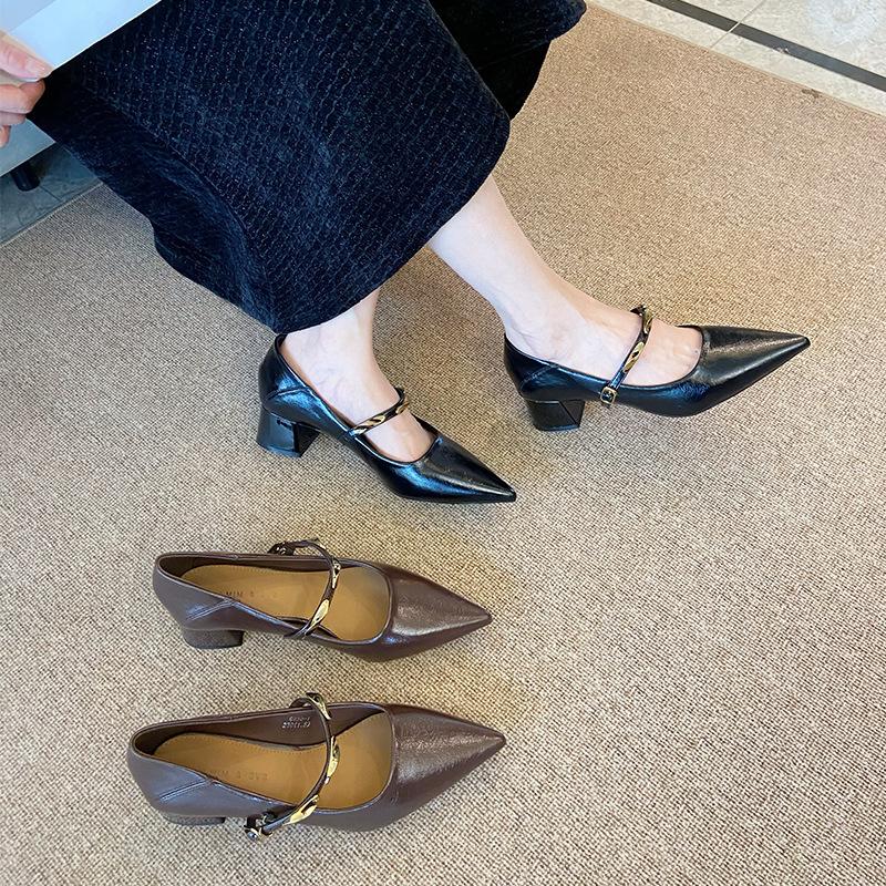 G430-1 Korean version thick heel Mary Jane retro women's 2025 new autumn pointed head shallow mouth retro one-word strap single shoes