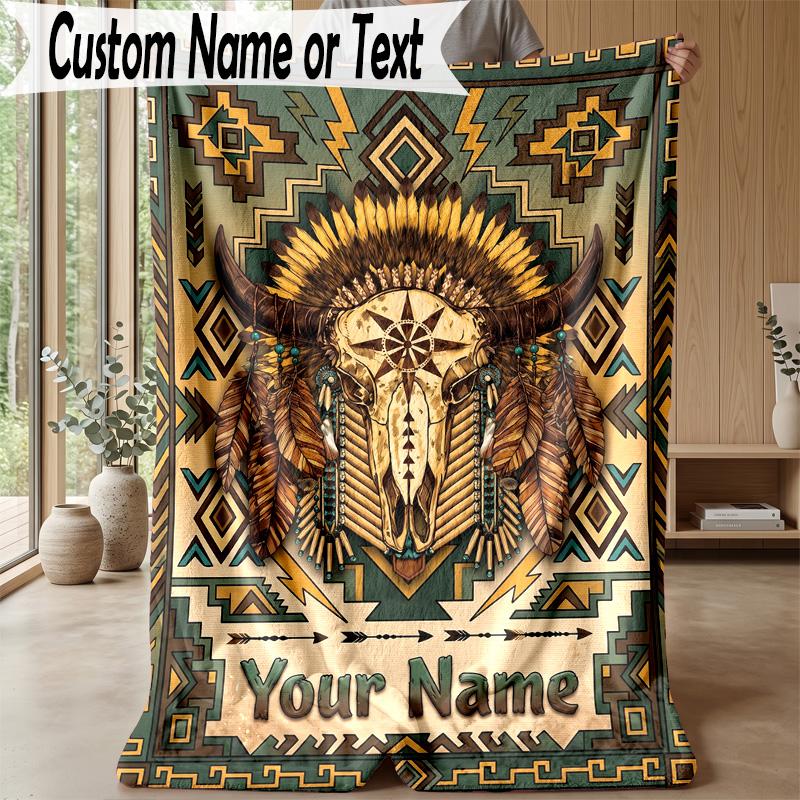 Native American Totem Theme Personalized Blanket Custom Name Print Cozy Flannel Household Blanket 1pc