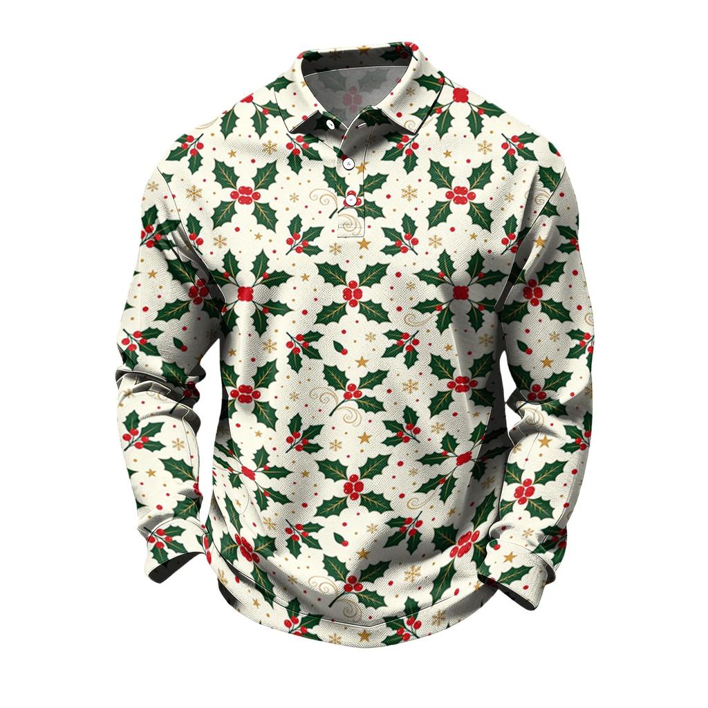 Men's Casual Quick-Dry Mesh Golf Shirt, Long Sleeve Christmas Print Top for Golf and Casual Wear