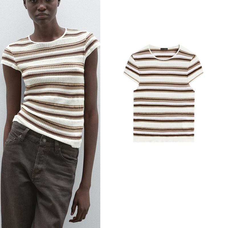 MD Spring and Summer Women's Clothing American Preppy Style Slim Fit Stripes Cotton Cut Out Round Neck Flounced Sleeve T-shirt 6241758