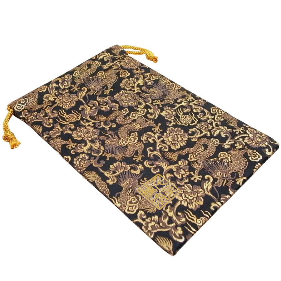 Senshishuin Nishijin Brocade Drawstring Bag Black and Gold Dragon Medium Size (Lined) Design,