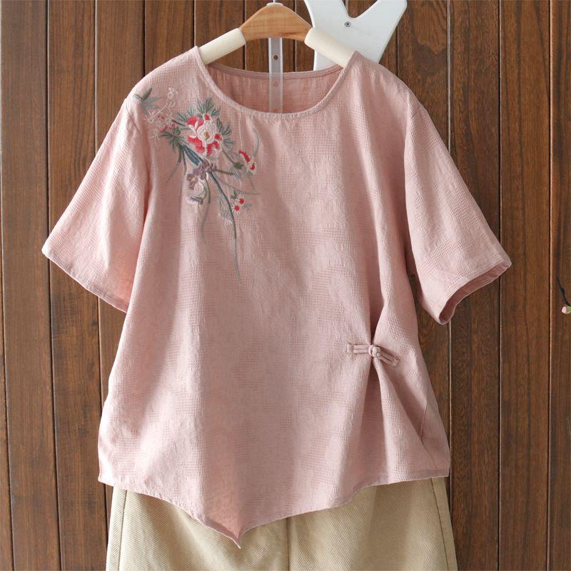 Women s Ethnic Asymmetrical Cotton Linen Top - Embroidered Frog Button, Diagonal Lapel, Five-Point Sleeves M розовый