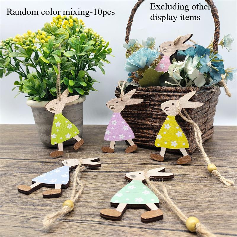 10pcs Wooden Easter Bunny Pendant Creative Home Holiday Desktop Decoration Wooden Crafts Hanging Decoration