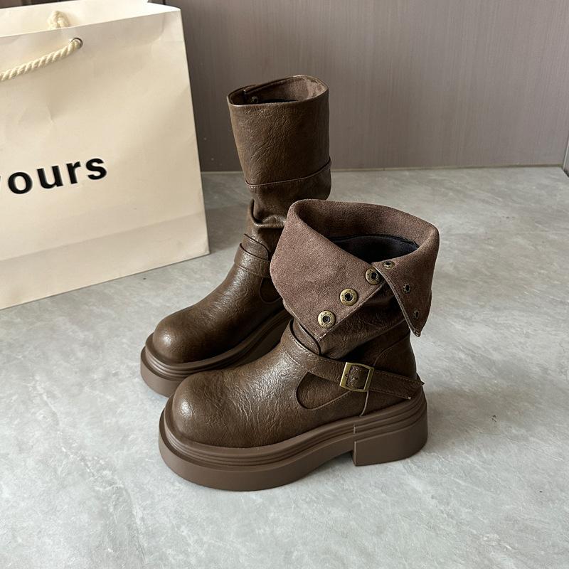 

Британский стиль универсальные платформенные ботинки Мартин женские осень 2025 новые популярные западные ковбойские короткие ботинки рыцарские ботинки 40 хаки