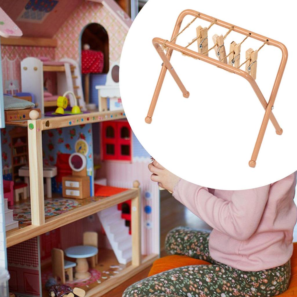 Dollhouse Clothes Drying Rack Clothing Model Simulation Mini with Clothpins for BJD Doll Parts