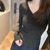 Women’s Dark Gray Ribbed Knit Lace V-Neck Pullover with Cinched Waist