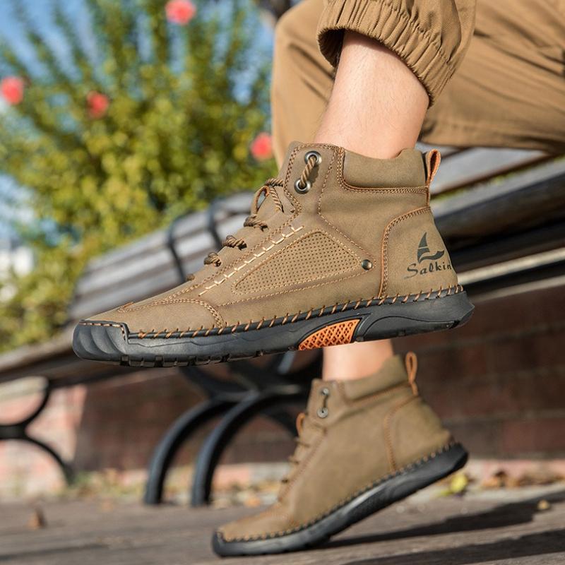 Women/ Men's PU Leather Boots, Men's Fashionable Handmade Stitched Ankle Boots, Flat Bottomed Lace Up Casual Shoes